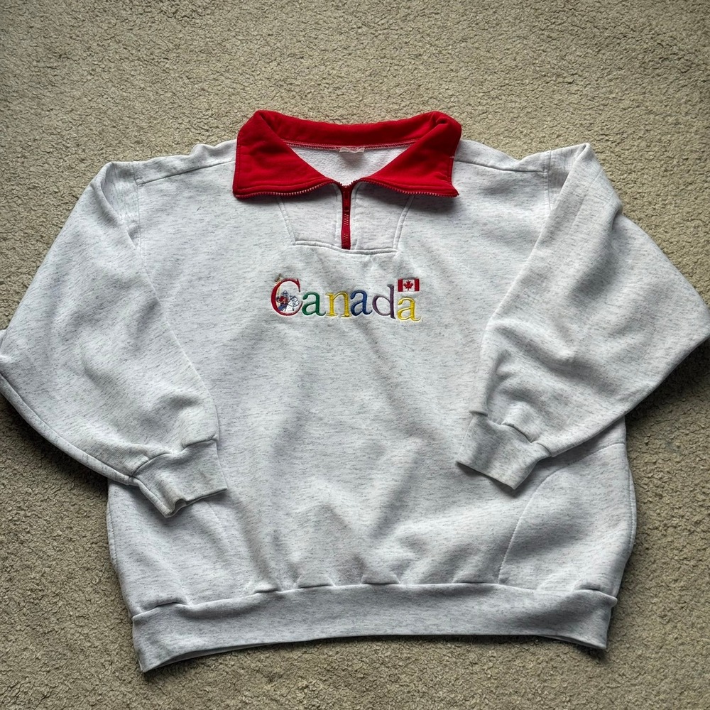 Vintage Canada Quarter Zip Sweatshirt Heather Grey Red Collar Mountie Souvenir